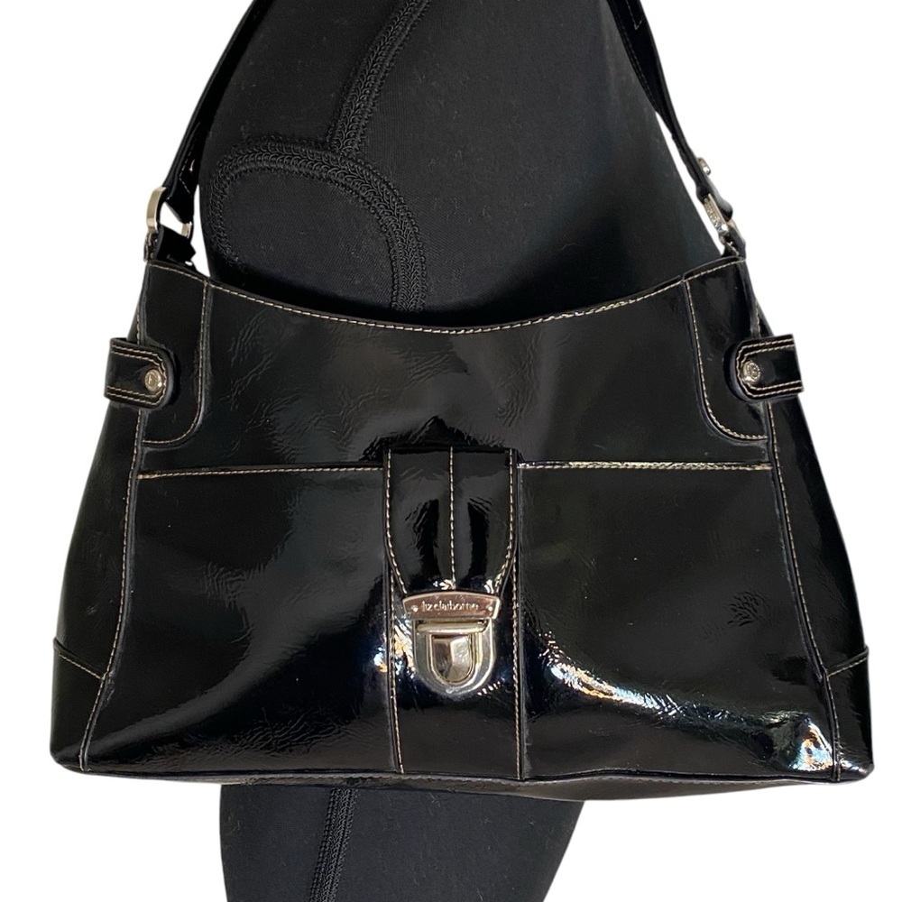 LIZ CLAIBORNE Black Patent Shoulder Bag Handbag Purse *Flaw*